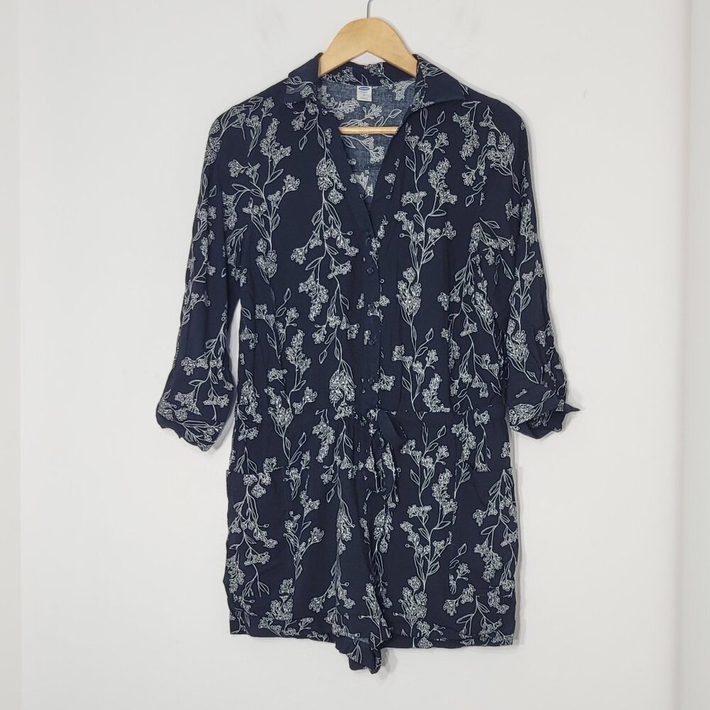 Old Navy Women's Black White Floral Pocket Lightweight Button Down Romper Small